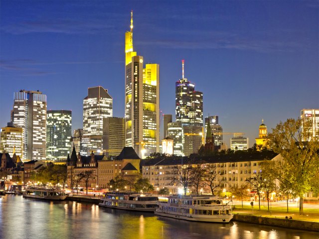 Commerzbank Tower over Frankfurt, Germany skyline at night