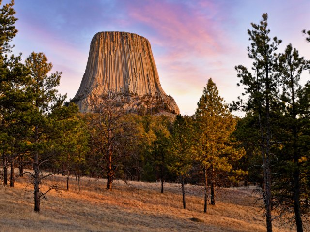 Looking up at Devils Tower rock formation in Wyoming