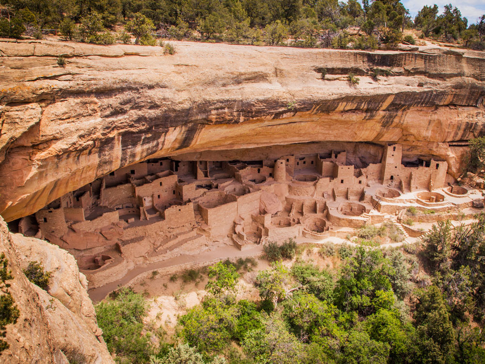 Ancient cliff dwellings in Mesa Verde National Park, seen from above