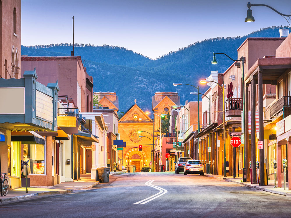 A view of downtown Santa Fe leading to an old mission