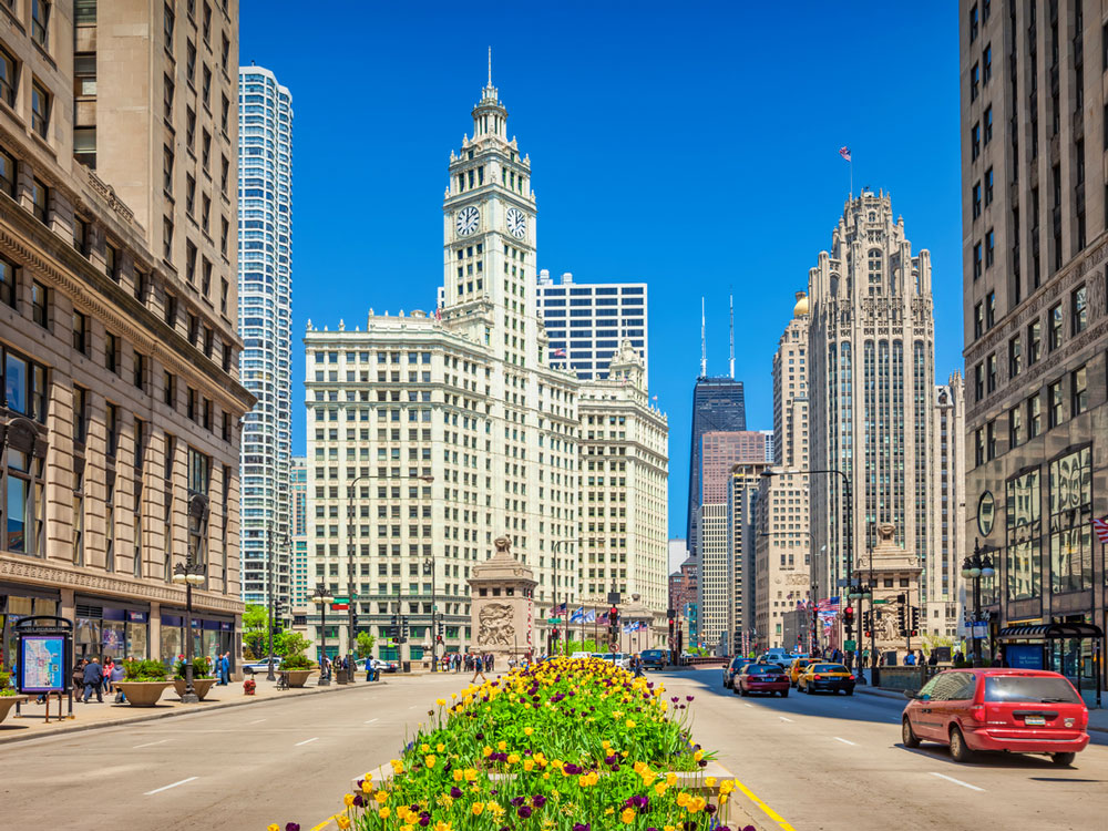 View of downtown Chicago skyline from the middle of Michigan Avenue