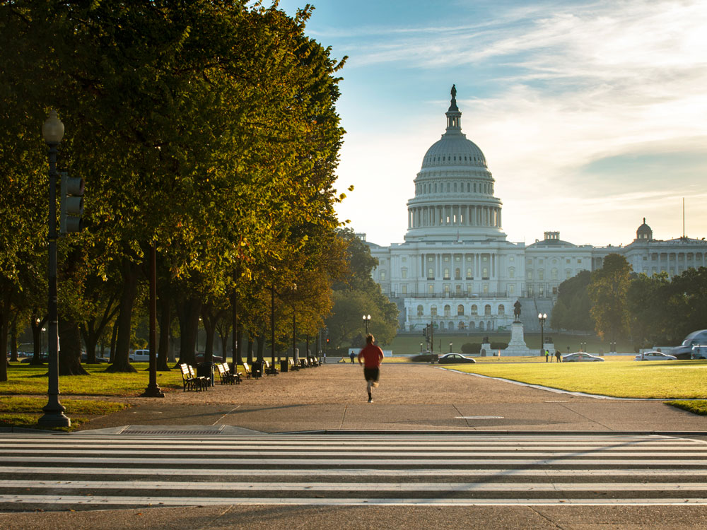 Person running in park in front of Capitol building in Washington, D.C.