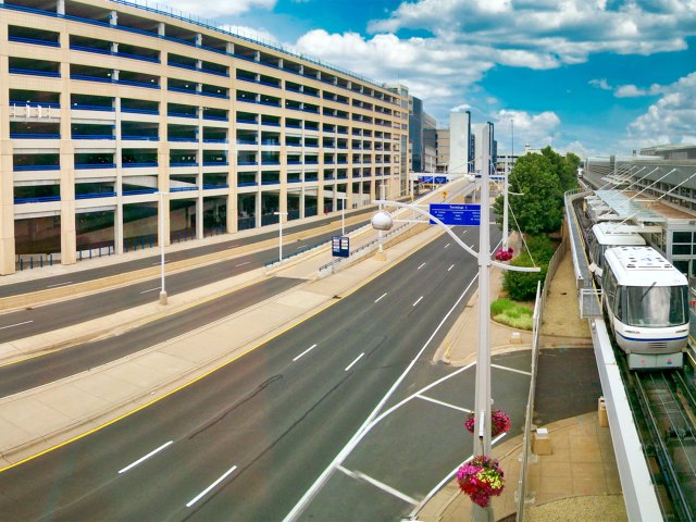 Tram, roadway, and parking garage at Minneapolis-St. Paul International Airport