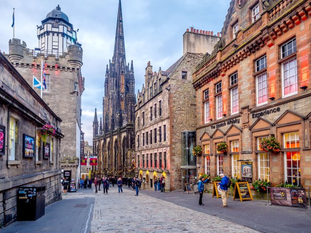 View of the Royal Mile with church spires in Edinburgh, Scotland