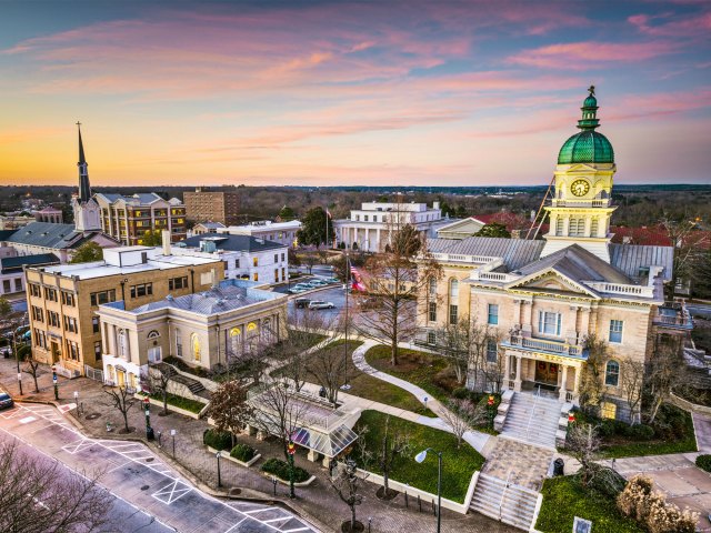 Aerial view of Athens, Georgia, at sunset