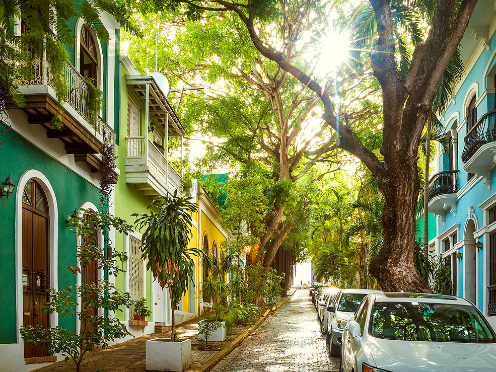 Cobblestoned street lined with colorful buildings in San Juan, Puerto Rico