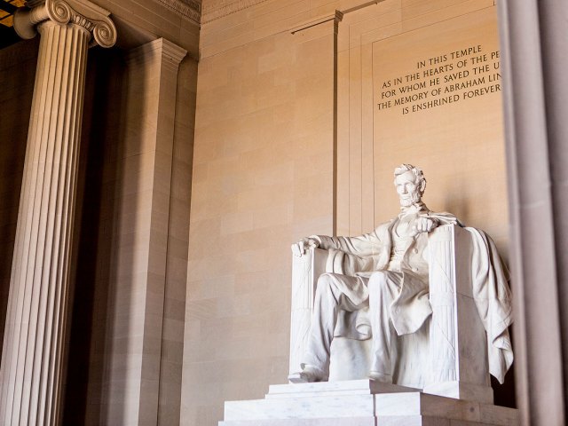 Close-up of statue of President Abraham Lincoln at Lincoln Memorial in Washington, D.C.