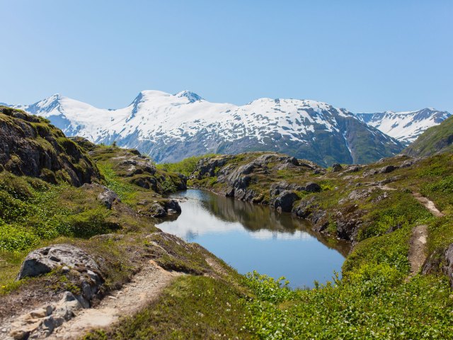 Lake and snow-capped mountains in Alaska