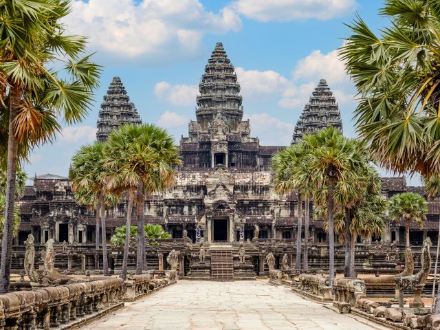 Ornate exterior of Angkor Wat temple in Cambodia