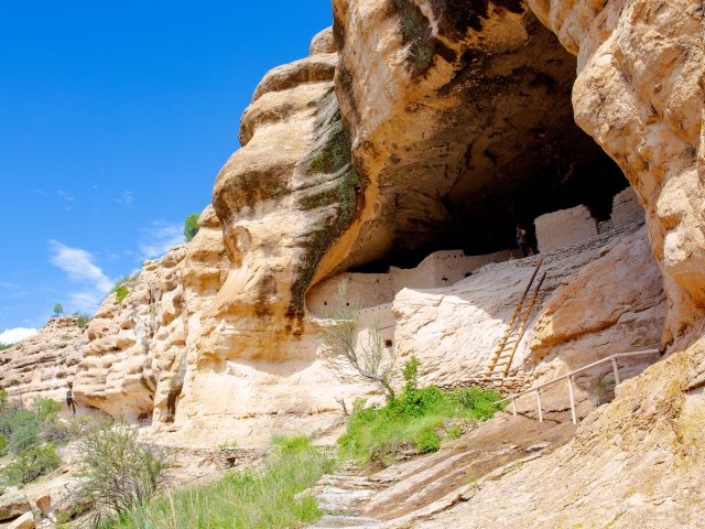 Looking up at the cliff dwellings of Gila Cliff Dwellings National Monument in New Mexico