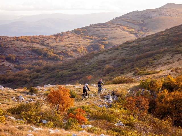 Bikers amid the fall foliage of Jasper, Canada