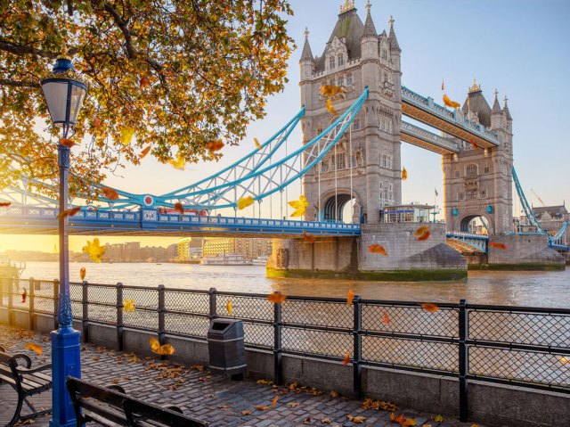 View of London's Tower Bridge from Thames River bank