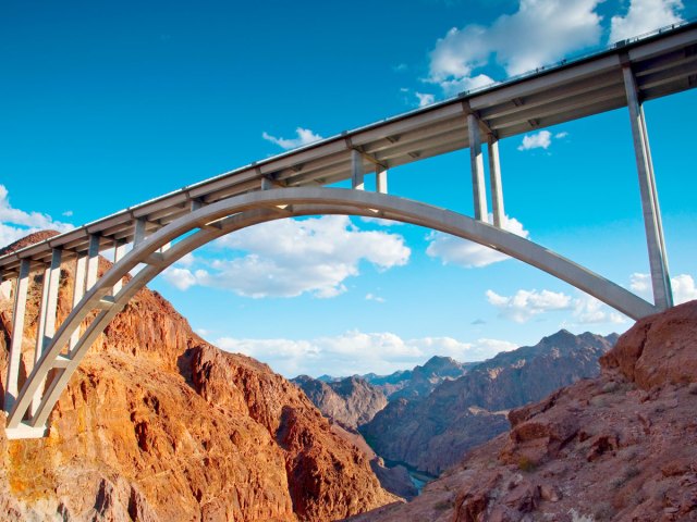 Looking up at roadway bridge over the Hoover Dam