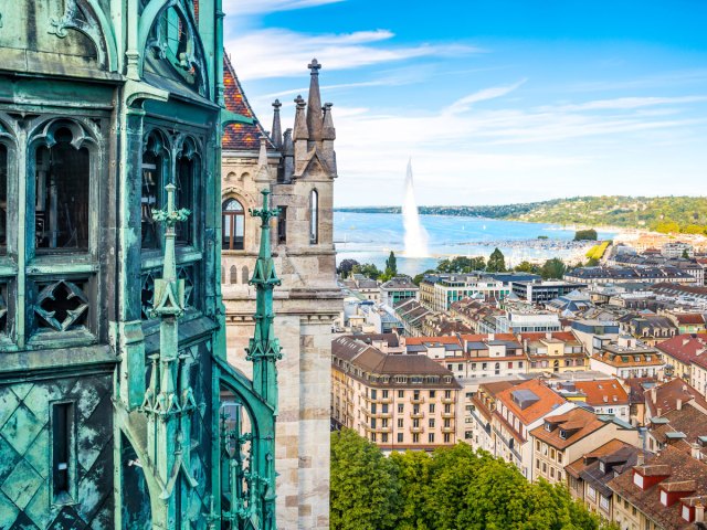 View of Geneva cityscape and Lac Léman from church tower