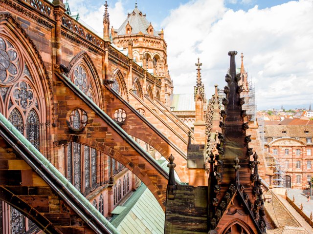 Stained glass and spires of the Strasbourg Cathedral in France