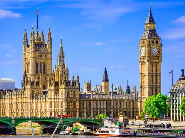 View of the Palace of Westminster across the Thames River in London, England