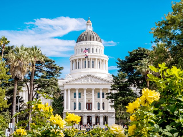 View of California State Capitol in Sacramento framed by trees