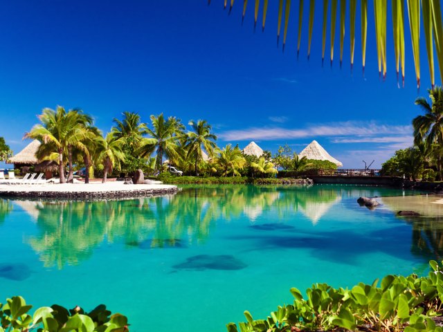 Palm trees and huts of resort flanking lagoon in the Maldives