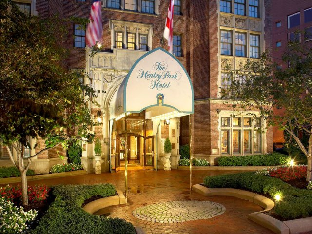 Entrance to the Henley Park Hotel in Washington, D.C., lit at night