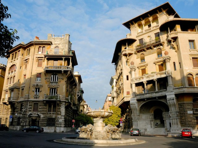 Fountain in plaza in Rome's Coppedè Quarter