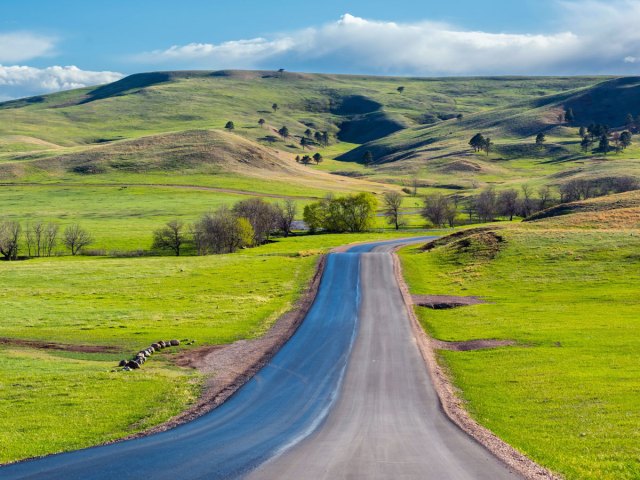 Empty highway through rolling green hills of South Dakota