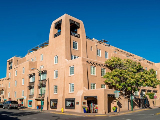 Adobe exterior of La Fonda on the Plaza in Santa Fe, New Mexico