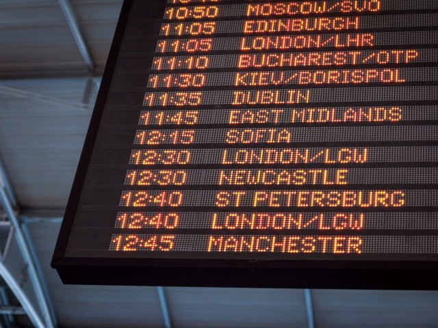 Close-up shot of airport departures board