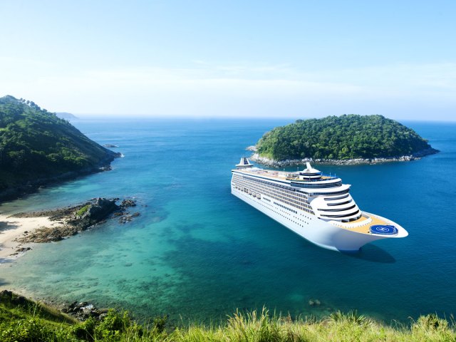 Cruise ship in bay, seen from hilltop