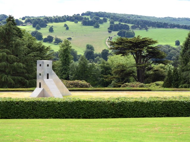 Artwork among green rolling hills of Yorkshire Sculpture Park in England