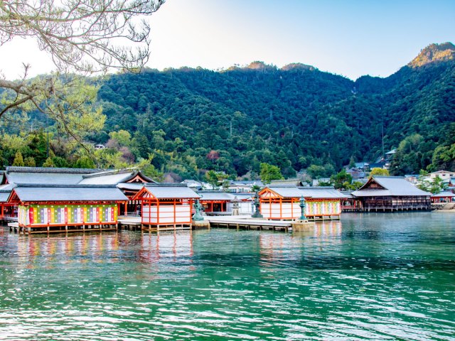 Overwater structures at Itsukushima Shrine on Miyajima Island, Japan