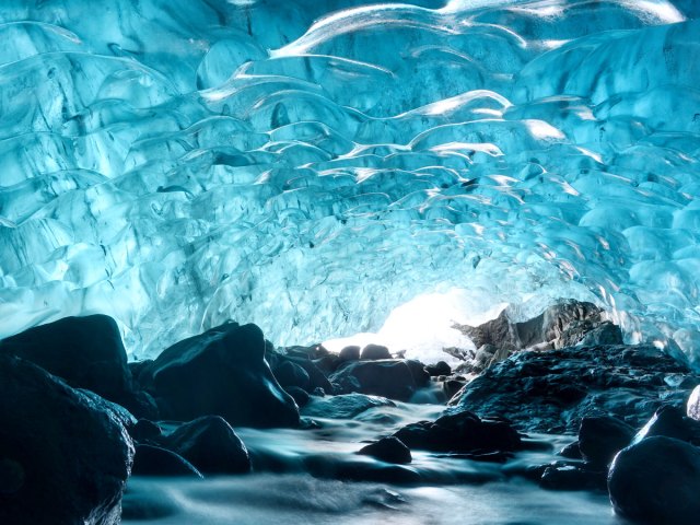 View inside ice cave of Vatnajokull glacier in Iceland