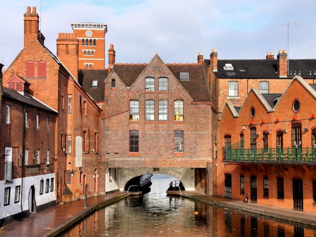 Brick buildings surrounding canal in Birmingham, England