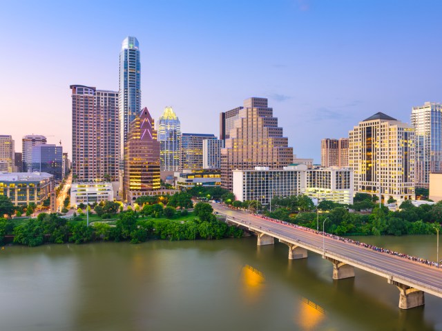 Aerial view of Austin, Texas, skyline and river