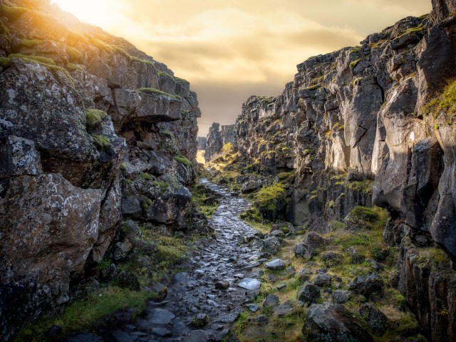 Dramatic river canyon at sunset in Iceland