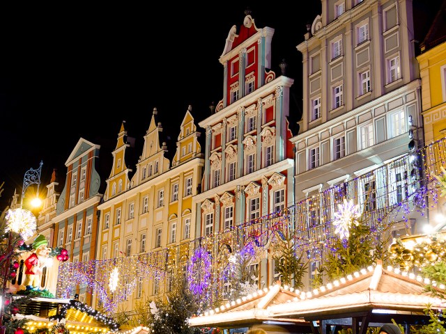 Christmas market at night in Kraków, Poland