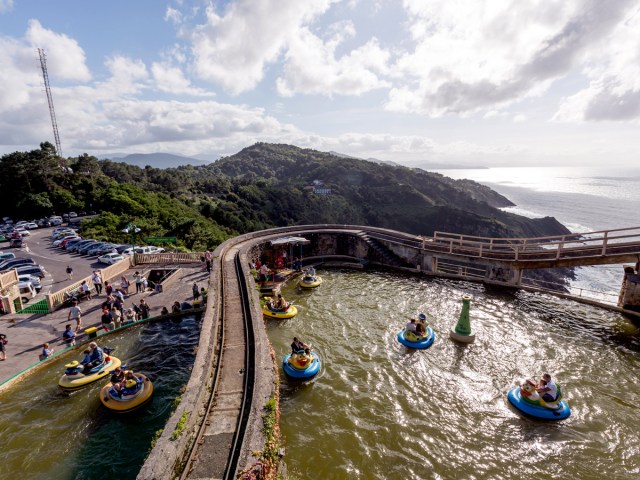 View of Montaña Suiza roller coaster and coast of San Sebastian, Spain, from high point on track