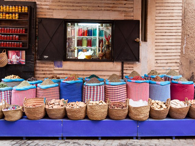 Spices at traditional market stand in Morocco