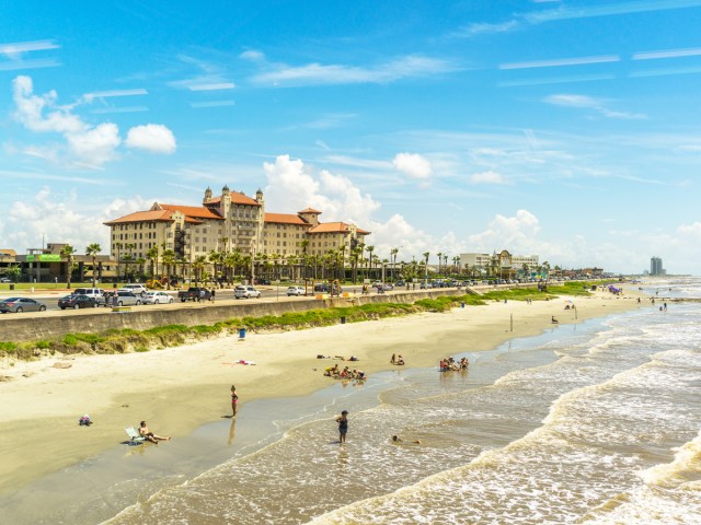 Aerial view of beachfront of Galveston, Texas