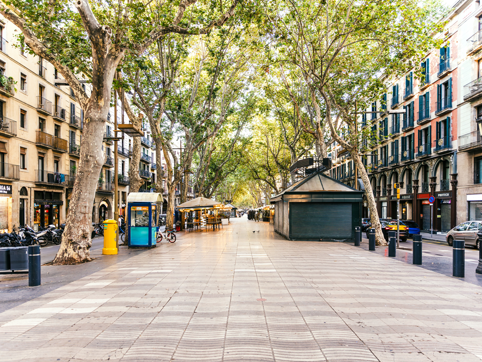 Empty La Rambla pedestrian street in Barcelona, Spain