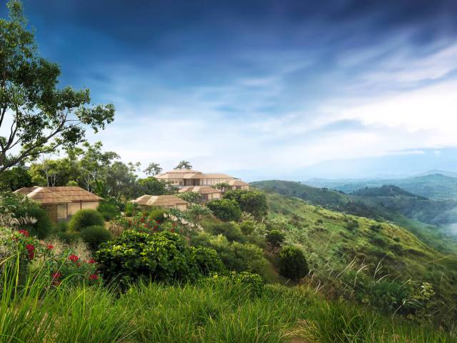 Aerial view of the Kibale Lodge in lush mountains of Uganda