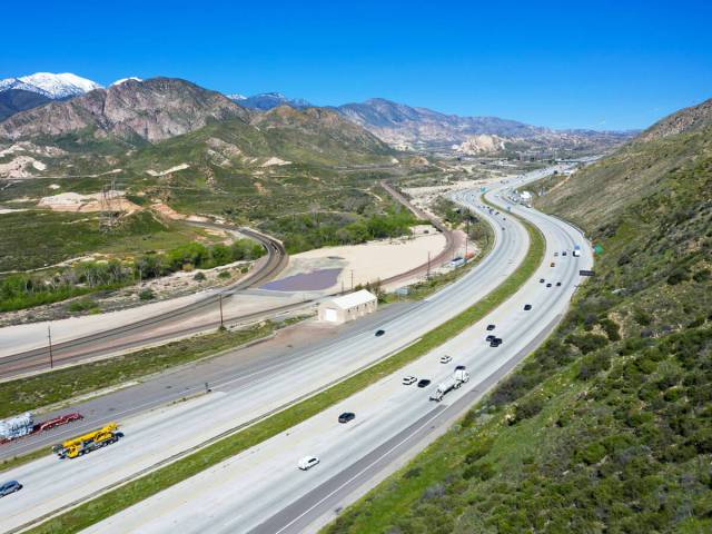 Aerial view of Interstate 15 passing through mountains of Nevada