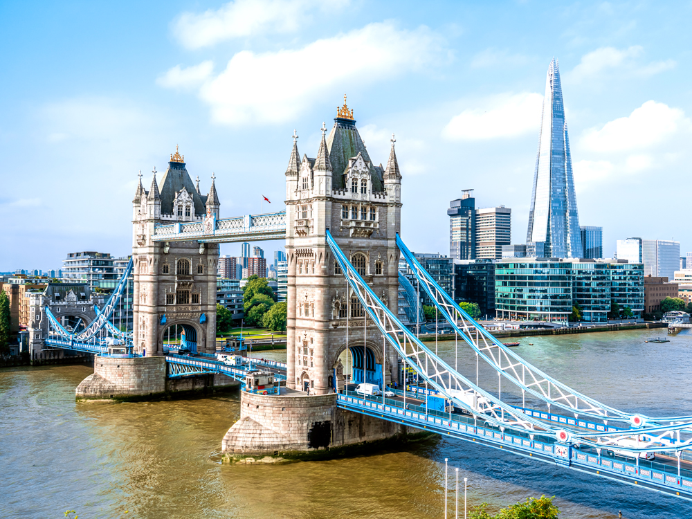 Aerial view of Tower Bridge over Thames River in London, England