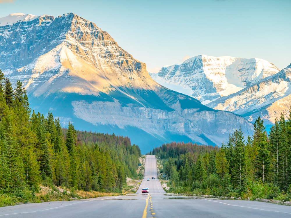 Roadway through Canadian Rockies in Jasper National Park