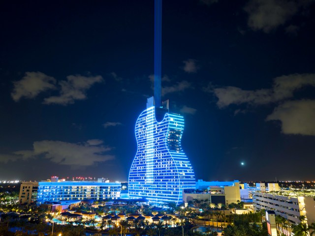 Guitar Hotel at the Seminole Hard Rock Hollywood, lit at night