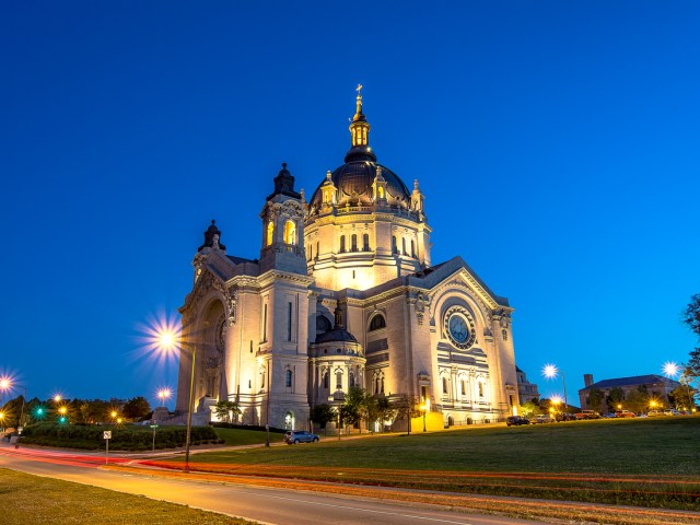 Cathedral of St. Paul, Minnesota, lit at night