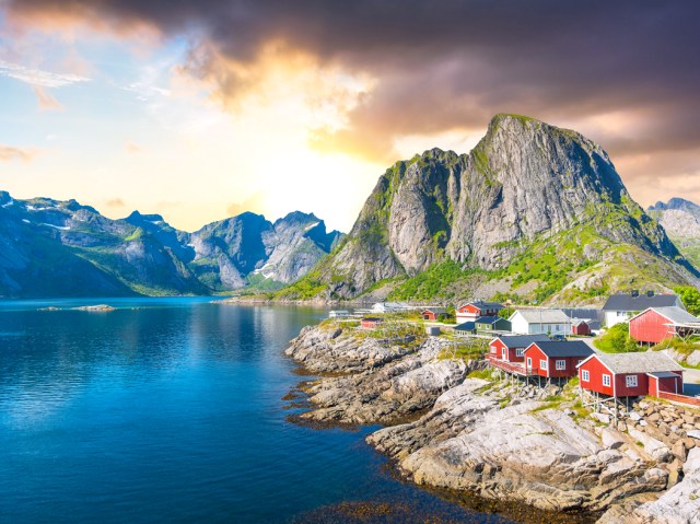 Homes along fjord in Norway, seen from above