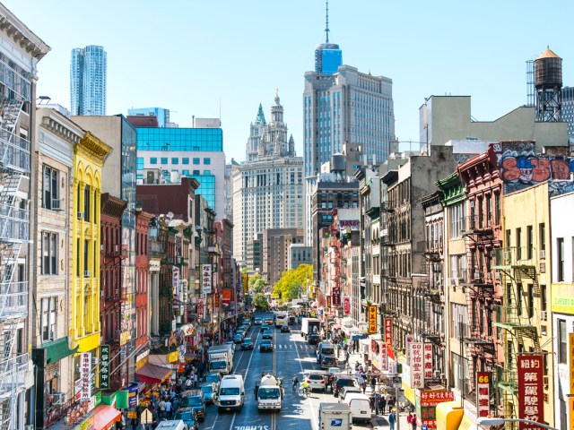 Aerial view of Manhattan street wedged between skyscrapers