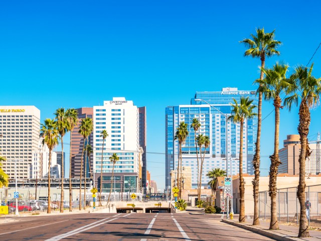 Palm tree-lined boulevard leading toward downtown Phoenix skyscrapers