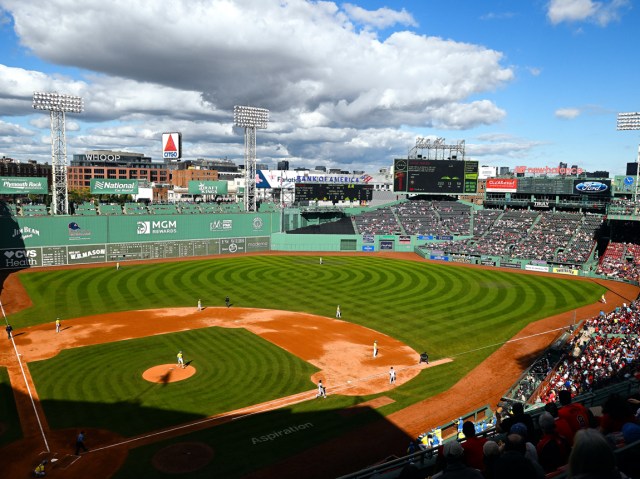 Overview of Fenway Park in Boston, Massachusetts, from upper level seats