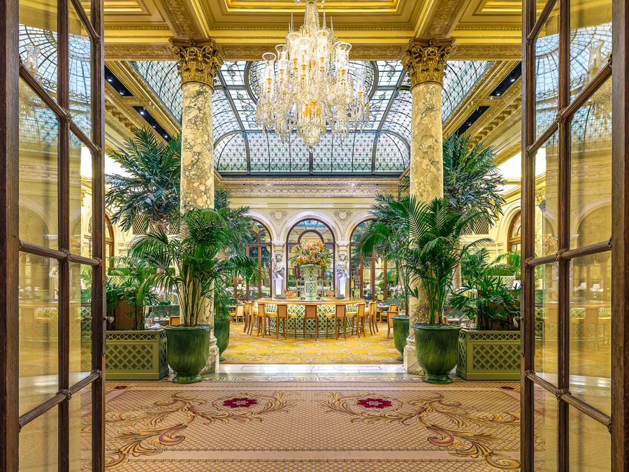 Ornate dining room of the Palm Court Restaurant at the Plaza Hotel in New York City